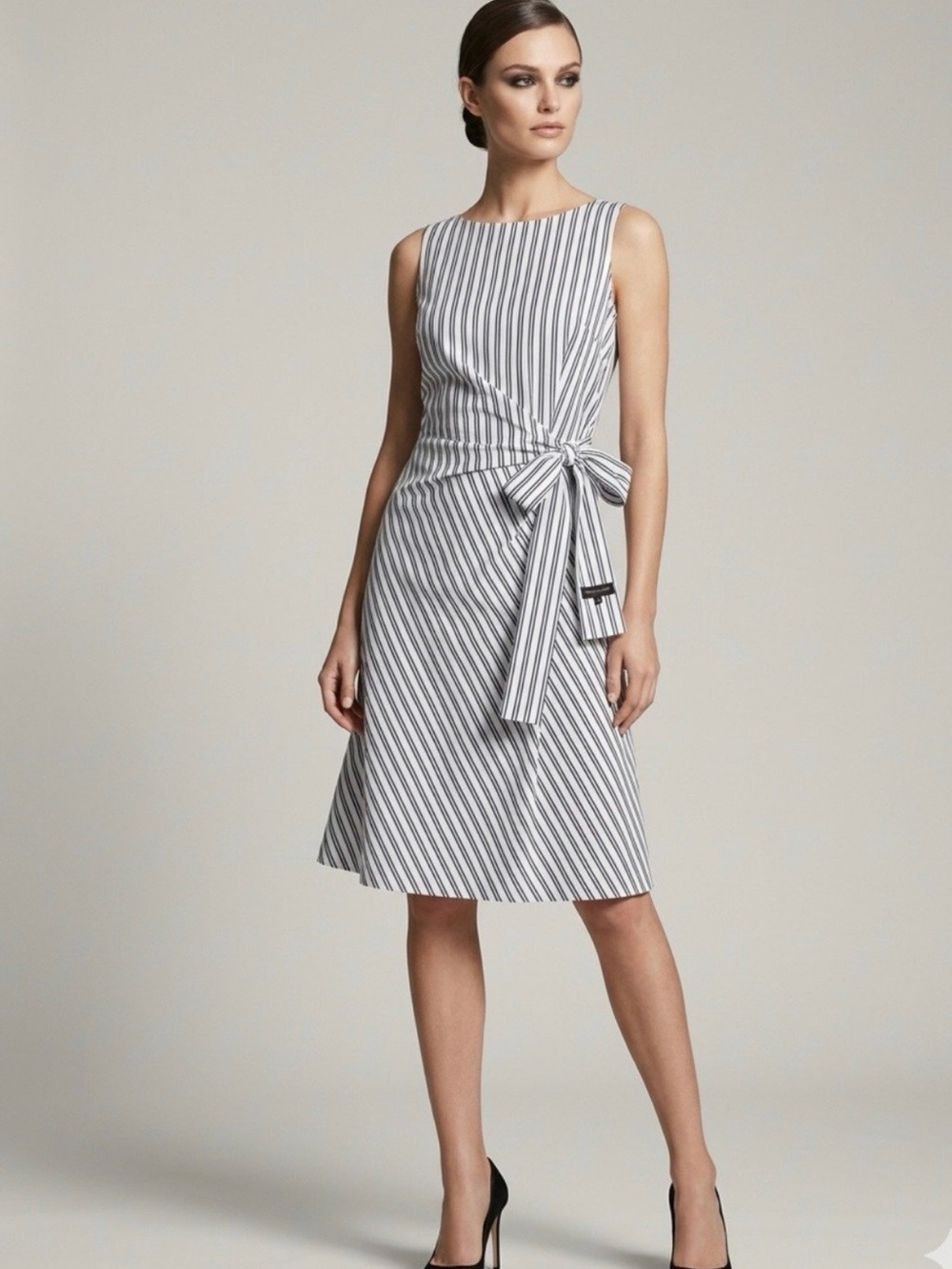 Donna Karan Black and White Striped Tie-Waist Midi Dress with Side Bow